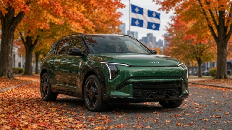 Deep green 2027 Kia EV3 electric car parked on an autumn Quebec street with maple leaves
