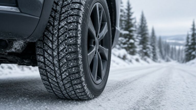 Studded winter tire on a snowy Canadian road, showing adaptive studs used on the Nokian Hakkapeliitta 01