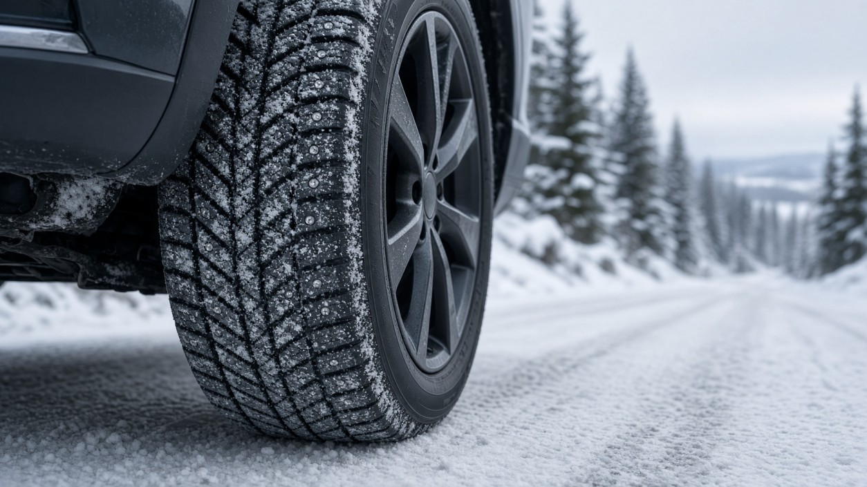 Studded winter tire on a snowy Canadian road, showing adaptive studs used on the Nokian Hakkapeliitta 01