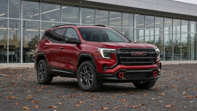 2026 GMC Terrain AT4 compact SUV with all-terrain tires on a gravel road in Canada