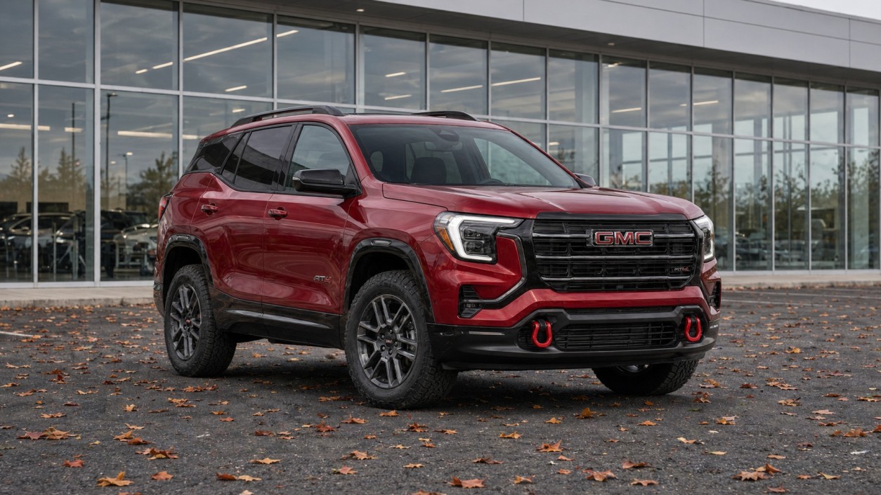 2026 GMC Terrain AT4 compact SUV with all-terrain tires on a gravel road in Canada